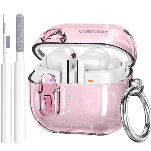 OTOPO Compatible with Samsung Galaxy Bud 3 Pro Case/Buds3/Buds 3 FE Case Clear Lock Clip with Cleaner Kit Transparent TPU Galaxy Buds Pro 3 Protective Cover Men Women with Carabiner Glitter Pink