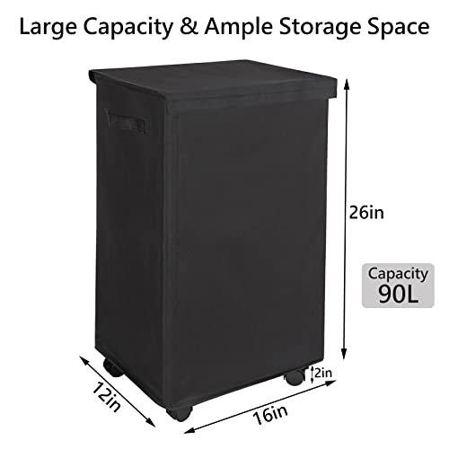 Wowlive 90L Large Laundry Hamper With Lid And Wheels Rolling Collapsible Laundry Basket Handle Foldable Tall Dirty Clothes Hamper Dorm Room Storage For Bedroom Bathroom, Black #TOP3