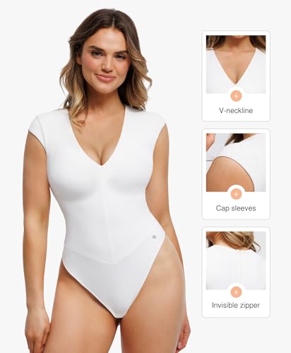 Popilush Women's Shapewear Bodysuit Deep V Cap Sleeve Going Out Top White — view 4
