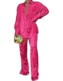 Ekouaer Womens Satin Outfits Long Sleeve Sweatsuit Set with Pants Casual Tracksuit Hot Pink L