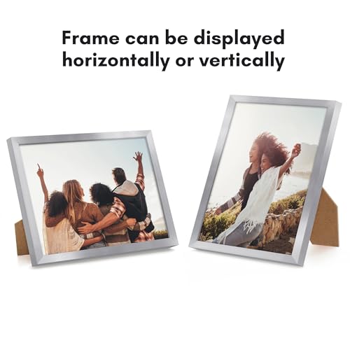 Americanflat 8x10 Picture Frame with Shatter-Resistant Glass - Streamline Collection - Thin Border Picture Frame for Tabletop and Wall Display - Hanging Hardware and Easel Stand Included - Silver