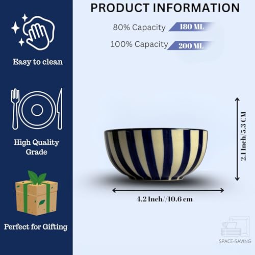 Image of Freakway Blue Striped Ceramic Bowls Set | Handcrafted Stoneware for Snacks, Soup, Dessert & Serving | Premium Tableware | Set of 6