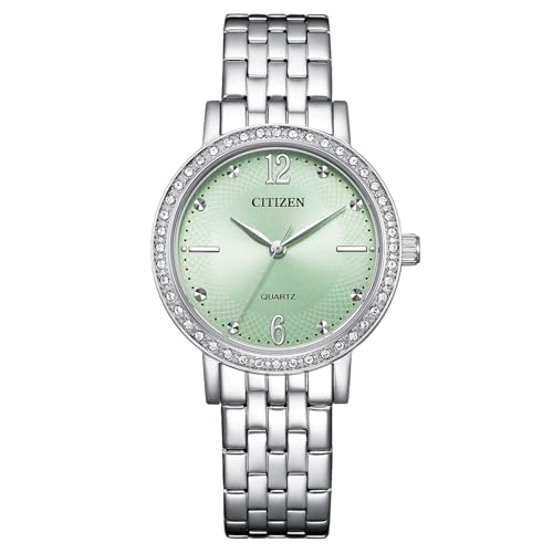 Image of Citizen Quartz Crystal Green Dial Ladies Watch EL3100-55X Silver, Silver, Bracelet