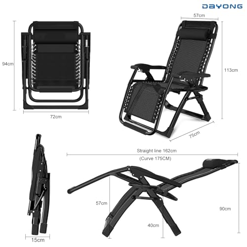DAYONG Zero Gravity Reclining Chair with Cushion, Outdoor Recliner Chair with Detachable Cup Holder and Pillow, Portable Folding Lounge Chair for Camping Patio Lawn Pool (Black)