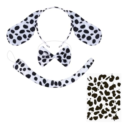 XINDY - XINDY Dalmatiner Kostüm Set, Dalmatiner Kostüm Damen Tierkostüm Kinder, Dalmatinerohren Haarreif, Hund Schwanz, Fliege, Gesichtstattoo für Halloween Karneval Mottoparty Faschingskostüm Damen Kinder