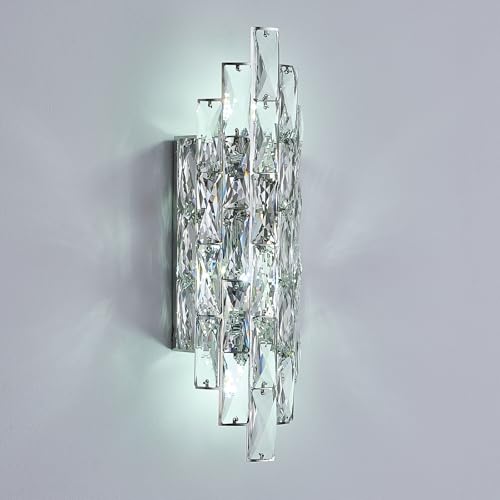 chandiry Modern Chrome Crystal Wall Sconce Light Fixtures, Wall Mount Lamps for Bedroom Living Room Bathroom Vanity Mirror
