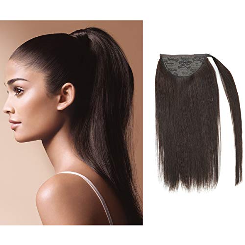 Anrosa #2 Dark Brown Ponytail Extension Clip in Ponytail Hair Extensions 100% Remy Human Hair Wrap Around Ponytail Straight Ponytail Hair Extension Human Hair Ponytail Hairpiece for Women 16 Inch 70g