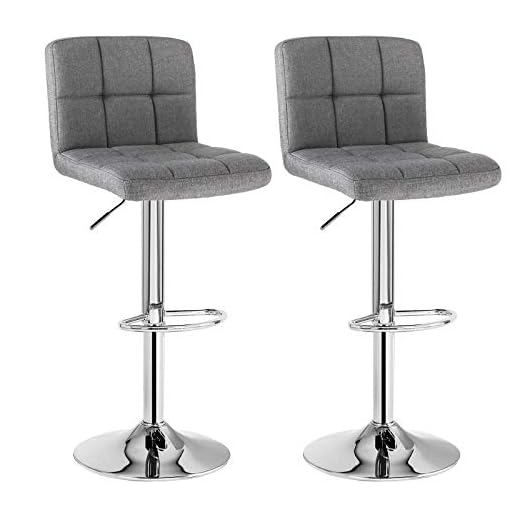 SONGMICS Taburete de Bar Juego de 2, Sillas de Bar Regulables en Altura con Superficie de Lino, Taburete de Cocina Giratorio en 360° con Respaldo y Reposapiés, Acero Cromado, Gris LJB14G