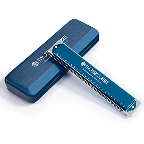 Musicube Harmonicas For Adults 24 Holes, Tremolo Harmonica Key Of C, Mouth Organ Blues Harmonica For Kids, Beginners, Professionals, Students, Gift, Case Instruction Cleaning Cloth Included (Blue) #TOP19
