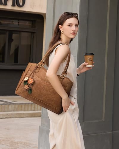 Image of LOVEVOOK Laptop Bag for Women, Original Vintage Work Tote Bag Computer Office Teacher Bag with Flower Pendant