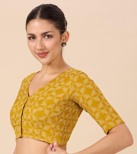 Image of Studio Shringaar Women Cotton Half Sleeve Printed Stretchable(Smocked)Readymade Saree Blouse