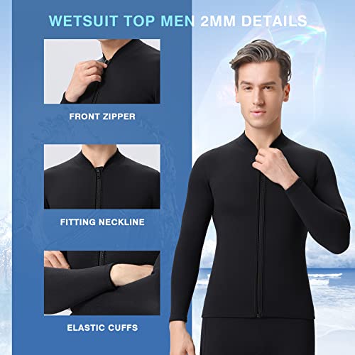 Realon Wetsuit Top Men 2Mm Neoprene Jacket, Long Sleeves Swimsuit Front Zipper Male Wet Suit Shirt For Surfing Scuba Diving Swimming Snorkeling Kayaking (2Mm Black Men, X-Large) #TOP2