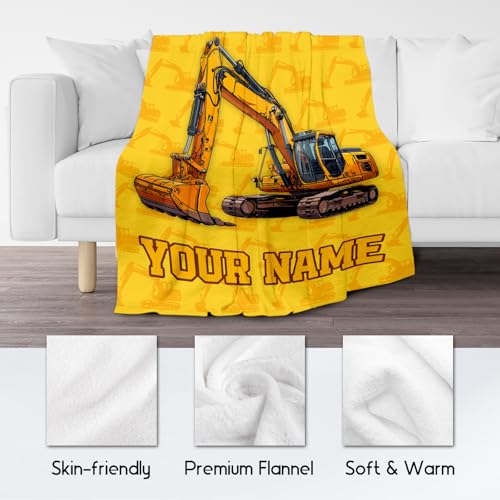 Personalized Blankets for Kids, Cozy Soft Excavator Throw Gifts for Boys, Yellow Flannel Construction Blankets for Bed Travel, 50x60 Inches