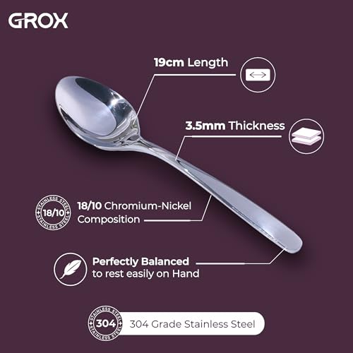 Image of GROX Curve Large Spoon - Set of 6 | Silver | 20 cm | 304 Stainless Steel 18 /8 | Daily Dining Spoon