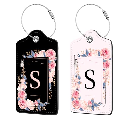2 Pcs PU Leather Luggage Tag for Suitcases with Privacy Shield and Name ID Tag Address Card Travel Cruise Luggage Tag, Suitable for Men and Women Baggage Handbag Backpack,Flower and Monogram(Letter S