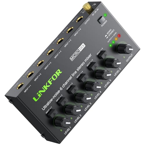 LiNKFOR 6-kanałowy mini mikser audio stereo przełącznik stereo / monofoniczny mikser audio 6 x 1 z kablem audio 6,35 mm, niezależna regulacja głośności do miksowania w klubie barowym