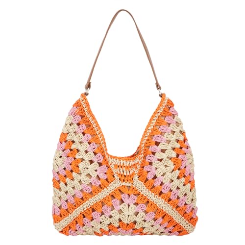 Women Large Stripes Straw Woven Shoulder Bag Tote Top-handle Bag