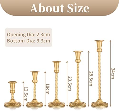 Sziqiqi Gold Candlestick Holders Set of 5, Metal Taper Candle Holder Antique Single-Head Candleholder Candelabra Decorative Table Centerpiece for Wedding Event Party Mantel Candlelight Dinner