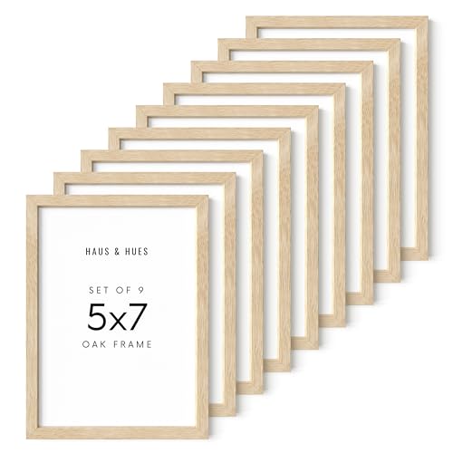 HAUS AND HUES Beige Oak Wood 5x7 Picture Frames - Modern Wood Wall Art Display - Lightweight 5x7 Frames for Certificates, Art Prints, Photos, Posters - Ready-to-Hang Vertically & Horizontally (Set of 9)