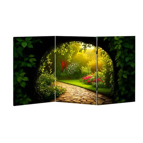 Small 3 Panels Japanese Folding Screen Room Divider Sunlit Garden Pathway Framed by Greenery Colorful Flowers Boho Divider for Room Separation Portable Privacy Partition Screen Indoor