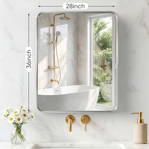 Image of Sweetcrispy Bathroom Mirror 36x28 Inch Metal Framed Rounded Rectangle Vanity Mirror for Wall, Over Sink, Farmhouse, Restroom, Anti-Rust, Modern Decorative, Horizontal or Vertical Hanging, Silver