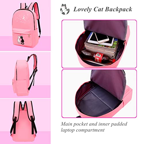 4Pcs Cute Cat Prints Canvas Primary School Bag Rucksack Backpack Set For Girls Elementary Bookbag #TOP3