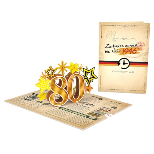papercrush® Pop-Up Karte „Zurück ins Jahr 1946“ - Lustige 3D Geburtstagskarte zum 80. Geburtstag für Frau & Mann - Besondere Glückwunschkarte 80 Jahre mit lustigen Fakten zum Jahrgang