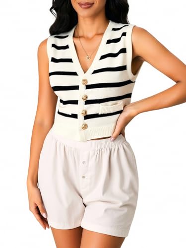 Women's Striped Crop Sweater Vest Dressy Casual Button Down V Neck Knit Work Sweaters