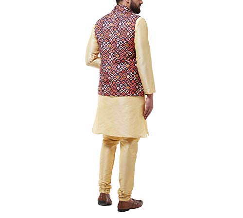 Image of SOJANYA (Since 1958 Men's Silk Blend Gold Kurta Pyjama & Printed Nehrujacket Combo