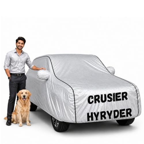 Image of Waterproof Car Cover for Crusier Hyryder | Soft Cotton Lining Heavy Duty Triple Stitched Heat Resistant Outdoor Cover Comes with Mirror and Antenna Pocket Full Bottom Elastic (Zig Zag Silver)