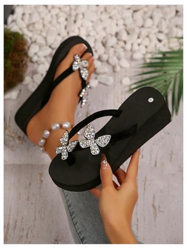 WDIRARA Women's Sparkly Rhinestone Platform Flip Flops Thong Sandals Flower Slip on Wedge Sandals3