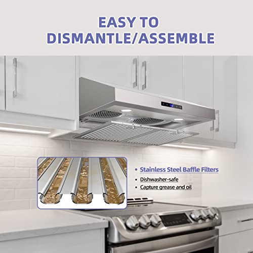 Firegas Range Hood 30 Inch, Dual Motor Range Hood 900 Cfm Stainless Steel Kitchen Hood For Under Cabinet With 3 Speed Exhaust Fan, Touch Screen, Dishwasher Safe Baffle Filters And Led Lights #TOP3