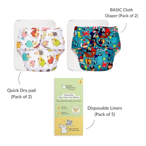 Image of SuperBottoms BASIC Cloth Diaper Pack of 2 with UltraThin Dry Pad & 5 Disposable Easy Clean Top Sheets | Reusable & Washable | Adjustable Fit for Babies 3m-3y