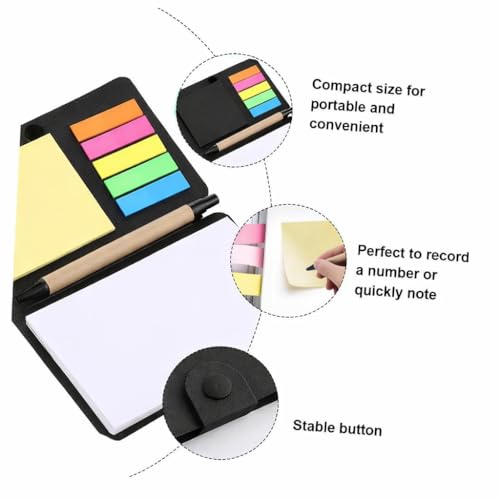 Image of AccuPrints Compact Sticky Notes Organizer with Pen Holder Black Paper Cover Colorful Sticky Tabs Button Closure 15.3x10cm