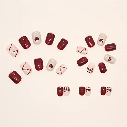 Press On Nails Short Square Stick On Nails With Red Love Heart Designs Coffin Shape Full Cover Reusable False Nails With Glue Artificial Fingernails Acrylic Fake Nails For Women Glue On Nails #TOP1