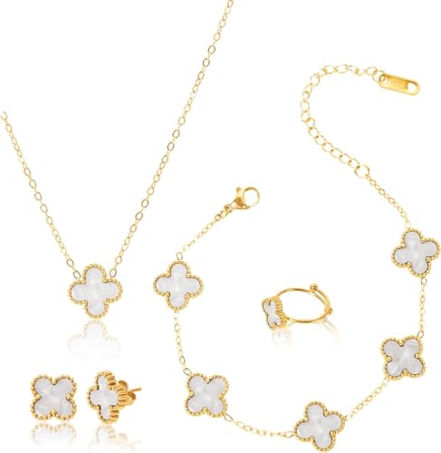 Anti Tarnish Jewellery Latest Stylish Clover Ring Earrings Bracelet Chain Pendant Combo Gifts Necklace Jewellery Set for Women & Girls