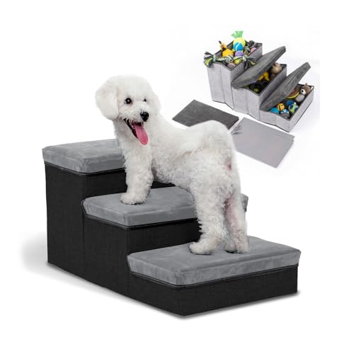 Avilia Scaletta per Cani e Gatti a 3 Gradini Imbottiti - Scala Pieghevole con Contenitori Portaoggetti Integrati - Salvaspazio per Divano e Letto - Robusta e Antiscivolo fino a 30KG