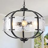 Modern Black Chandeliers for Dining Room, 19.7'' Textured Glass Light Foyer Lighting Fixtures, Drum Round Chandelier for Kitchen Island Pendant Light Over Table for Entryway Hallway Laundry Room, E26