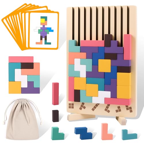 Havnidy Puzzle en Bois à empiler, Jeu Montessori 3D, Blocs en Bois avec 10 Cartes, Jouet éducatif pour Enfants