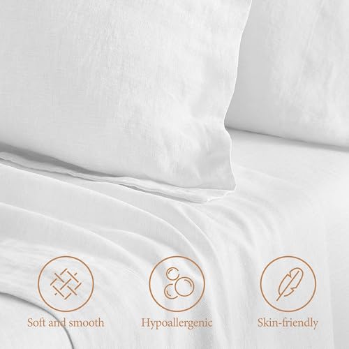 Cebihy Luxurious 100% Linen Duvet Cover Set King 3 Pieces, French Linen From Normandy, Soft Breathable French Flax Linen Bedding Set - 1 Duvet Cover 90"X 104", 2 Pillowcases 20"X 40", White #TOP1
