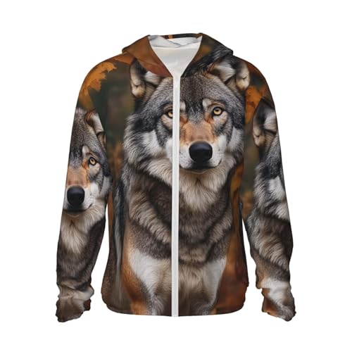 UPF 50+ Sun Protection Hoodie Long Sleeve Wild Wild Gray Wolf Sun Shirt Rash Guard Fishing Shirts for Men