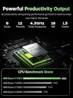 Tivique 2026 Gaming Laptop - 15.6 Inch FHD with Ryzen 5 7430U Processor up to 4.3GHz (Beat R5 7520U) - 16GB RAM DDR4x2 512GB M.2 SSD with 11 Pro, BT5.2, USB3.2,Type-C,Privacy, 65W Fast Adapter, WiFi 6