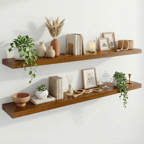 Image of IAE Walnut Floating Wall Shelves 55 inch, Bathroom Shelves Wall Mounted,Invisible Shelves Floating Kitchen Shelves,Wooden Wall Shelves with Brackets for Living Room Wall Mounted,Easy Install,Set of 2