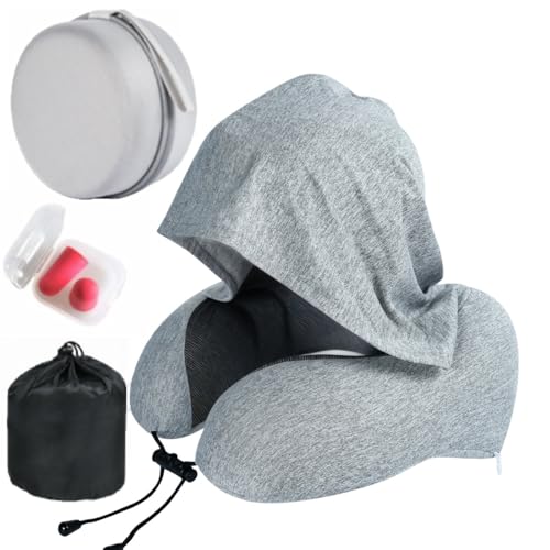 Image of Travel Neck Pillow with Extra Large Hood Rollable Airplant Hooded Neck Pillow with Memory Foam Filling and Removable, Skin-Friendly Cover with a Carrying Pouch