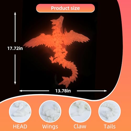 Image of 3D Printed Dragon with Wings - Glow Orange, 18 inch Flying Dragon, XL Articulated Winged Crystal Fidget Toy, Home Decor, Birthday Gift, Desk Pet