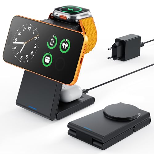 GEEKERA Estación de Carga 3-en-1 para Apple - Base Cargador para iPhone Air/17/16/15/14/13/12 y Apple Watch 11-2, Cargador Compatible con MagSafe para AirPods, Negro Mate