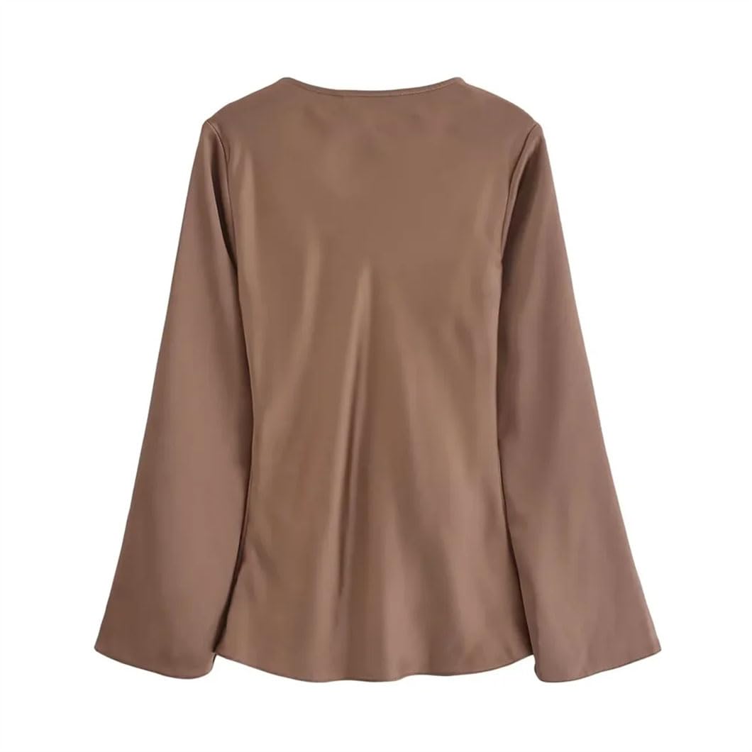 Blusa de manga larga con lazo elegante para mujer, con textura satinada de seda