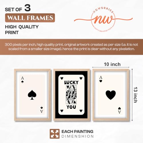 Image of NoWorries Playing Cards Wall Framed Painting Set | Lucky Card Art & Heart Ace Posters Frames | Premium 300 GSM Paper Print with Synthetic Wooden Frame | Minimal Black & White Aesthetic Wall Decor for Living Room & Bedroom (Pattern-illustration) (Set of 3) (NATURAL, ART-5, 10X13INCHES)