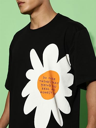 Image of Veirdo Cotton Black & Limeade Oversized Fit Half Sleeve Crew-Neck Floral Printed Longline T-Shirt for Men