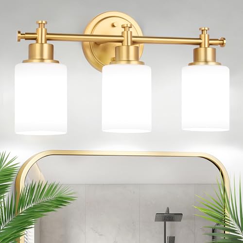 Image of 3-Light Bathroom Vanity Light, Brushed Gold Vanity Lights for Bathroom, Modern Champagne Gold Wall Sconce with White Glass Shades, Anti-Rust Light Fixtures over Mirror (Bulbs Not Included, E26 Base)
